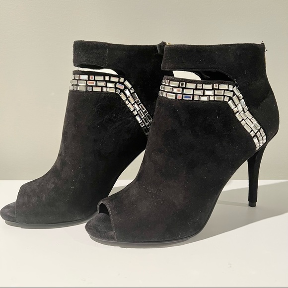 NINE WEST Black Suede Rhinestone Peep-Toe Ankle Boots - Picture 2 of 8